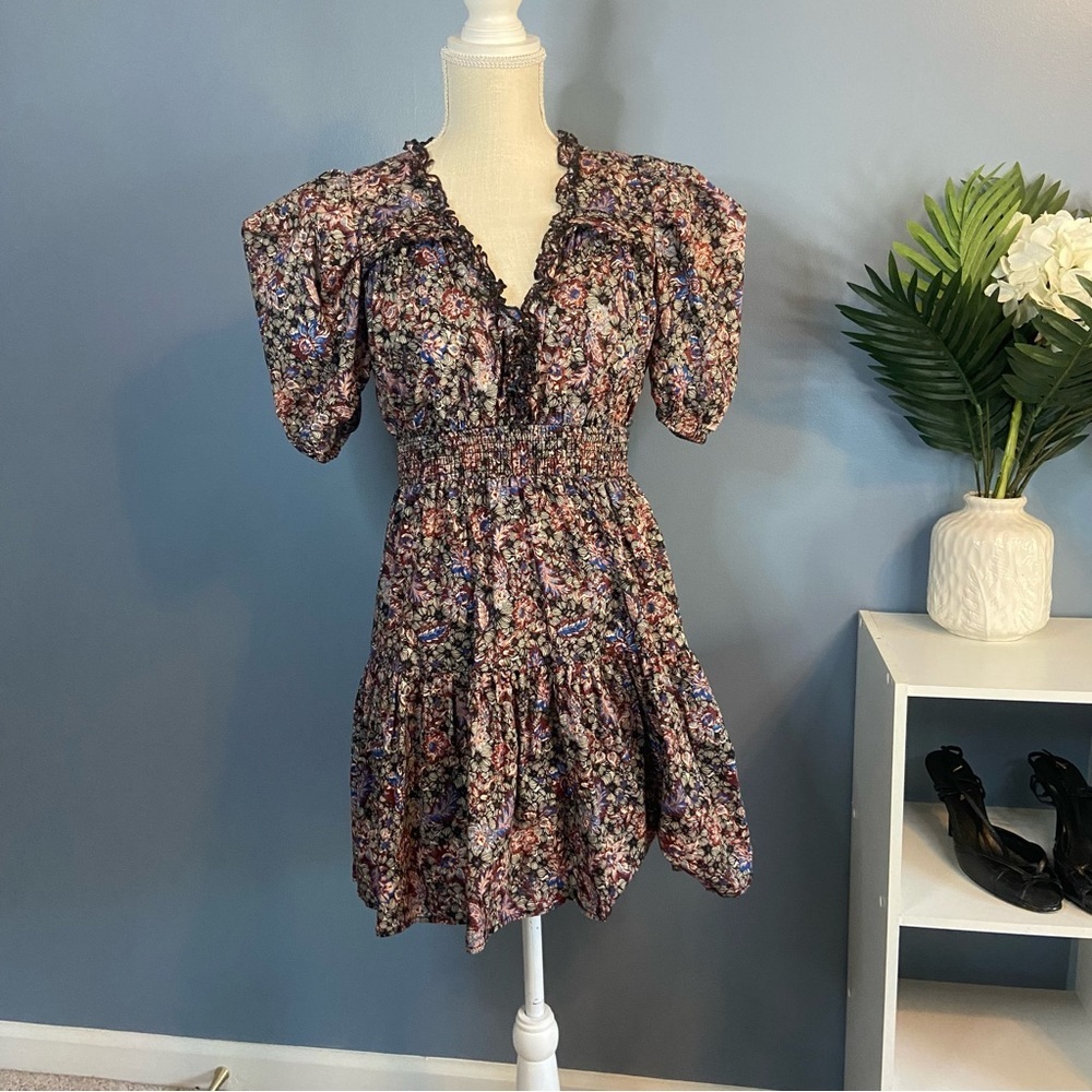 INA Dark Floral Puffy Short Sleeve Smocked Tiered Mini Dress - Picture 13 of 13